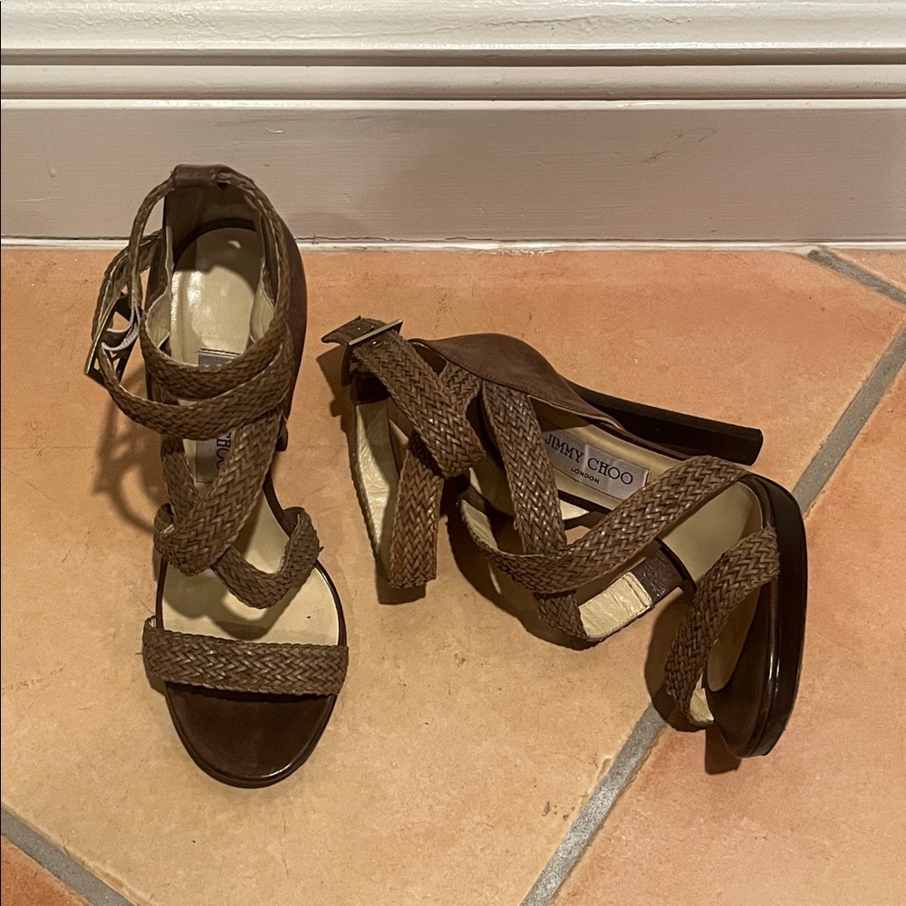 Brown Jimmy Choo Leather Patterned Braided Raffia Strap High Heels Size 6